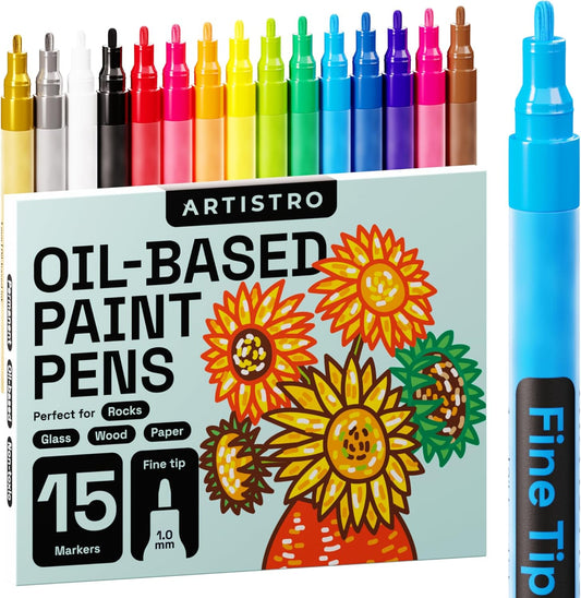 ARTISTRO 15 Oil-Based Permanent Paint Markers - Set of Fine Tip Markers for Wood, Rock, Fabric, Glass, Ceramic, Metal, Plastic, and More - Quick Dry, Waterproof, Permanent