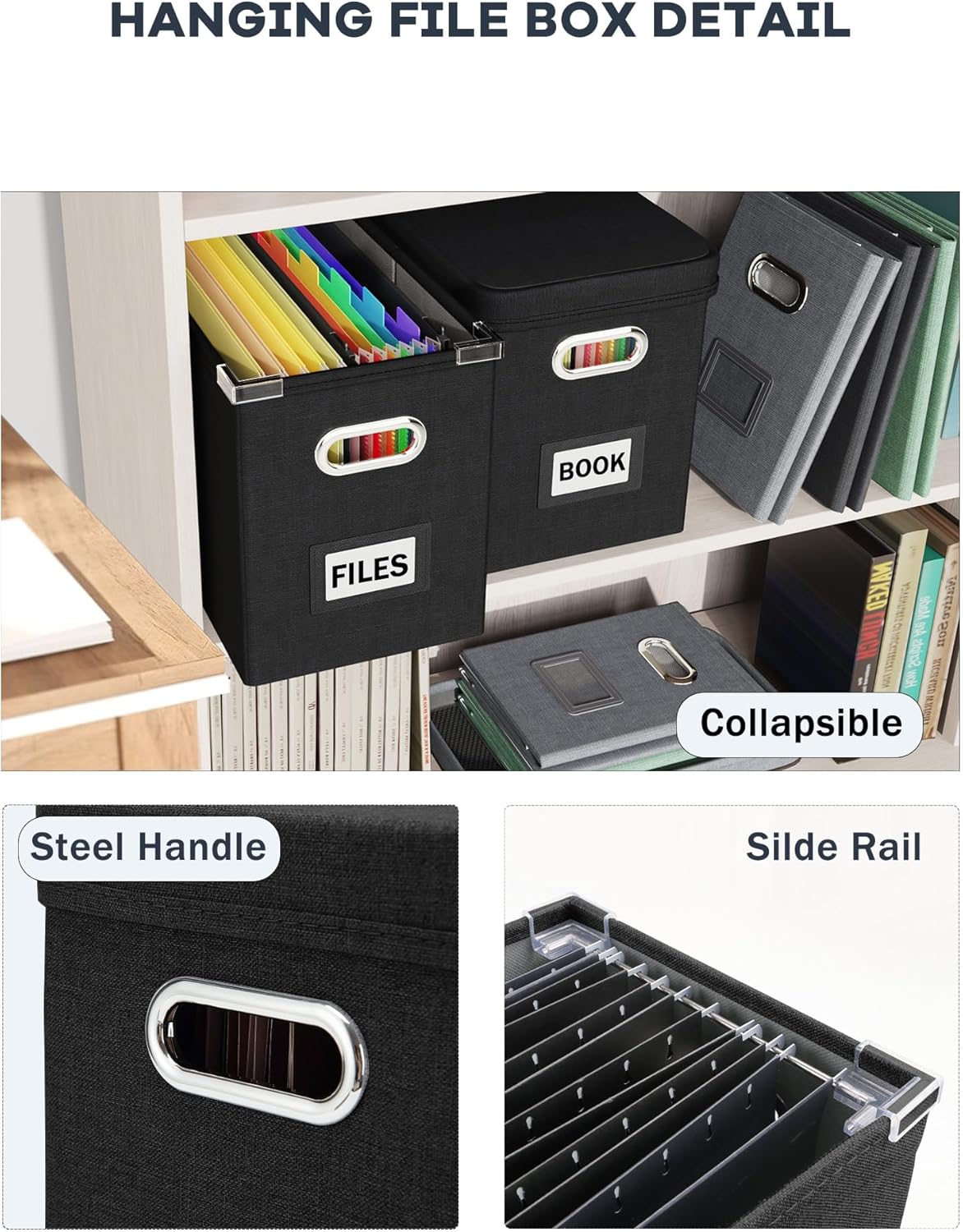 Oterri File Organizer Box with Lid, Hanging Filing File Box with Mesh Pocket, Document Organizer Box for Letter Files, Portable Storage Box with Smooth Sliding Rail for Office&Home (2 PCS, Black)