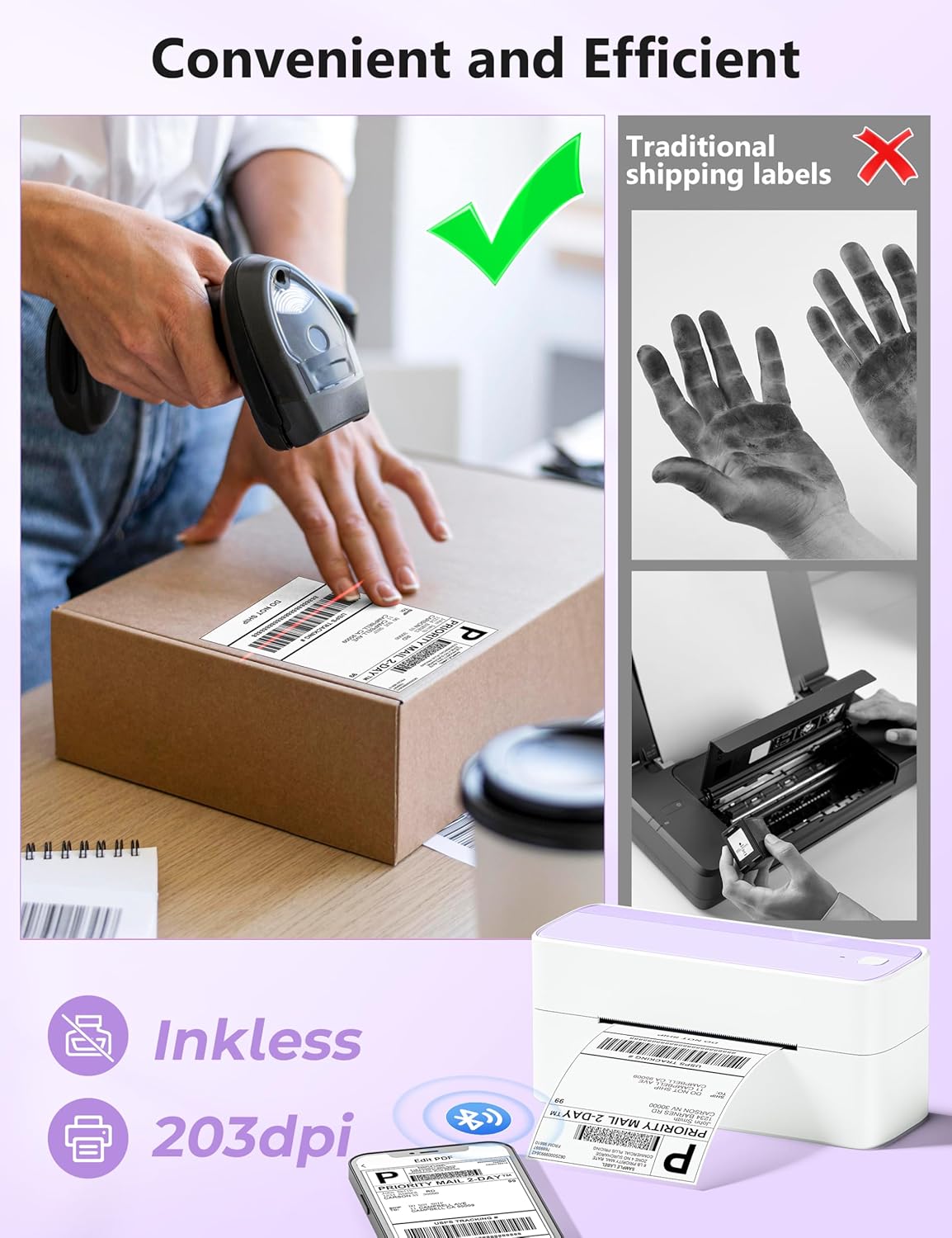 Phomemo Bluetooth Thermal Label Printer, 241BT 4X6 Wireless Shipping Label Printer for Small Business, Labels Printers for Shipping Package, Compatible with iPhone, Android, Purple