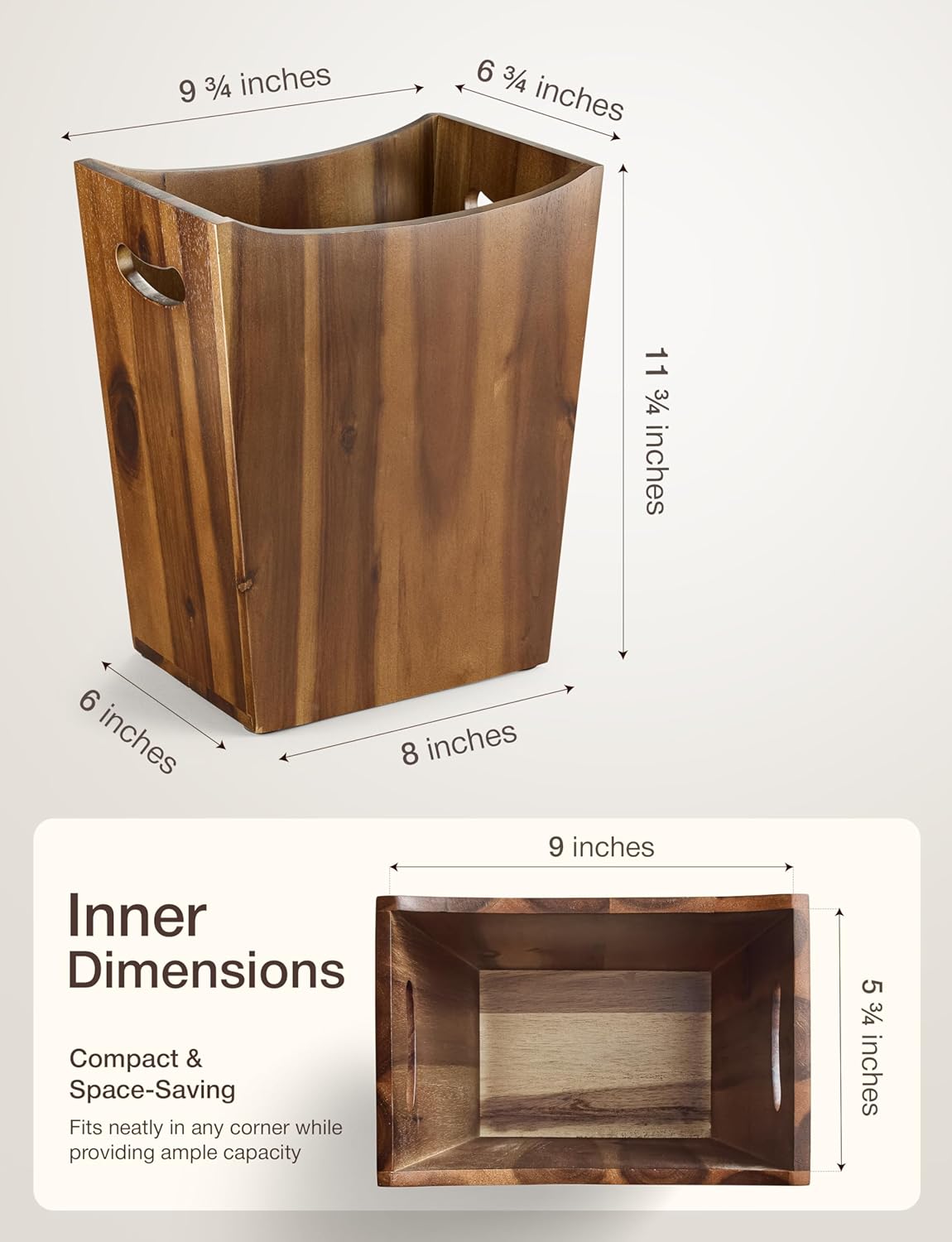 2 Gallons Rectangular Wastebaskets - Acacia Wood Waste Basket with Handles - Small Trash Can for Bathroom - Brown Garbage Bin for Spa Bathroom Decorative, Kitchen Counter, Living Room (Walnut)