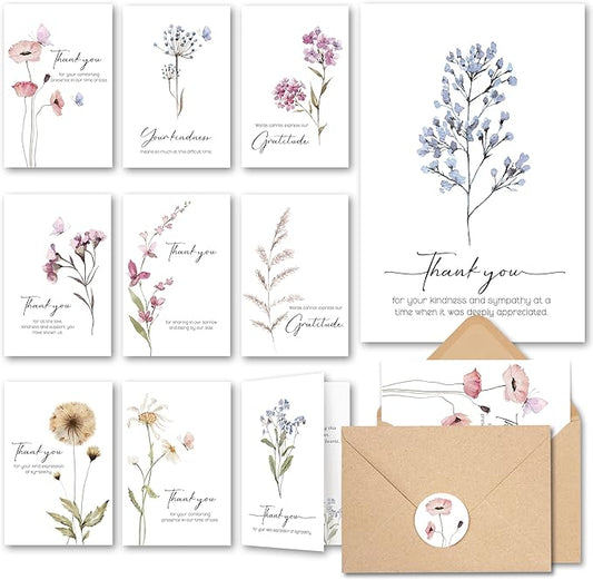 AUDREE 20 Pcs Funeral Thank You Cards with Envelopes Message Inside and Matching Stickers - Bulk 4×6 Watercolor Single Flowers Bereavement Thank You Cards For Funeral
