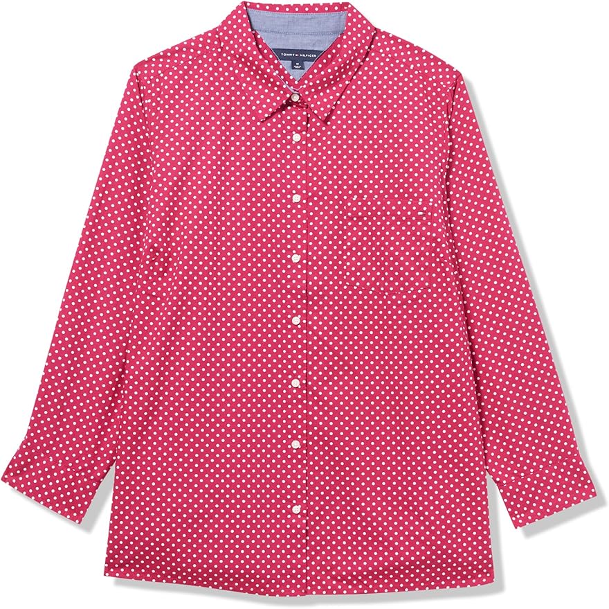 Tommy Hilfiger Women's Long Button Up Collared Shirt with Roll Tab Sleeve