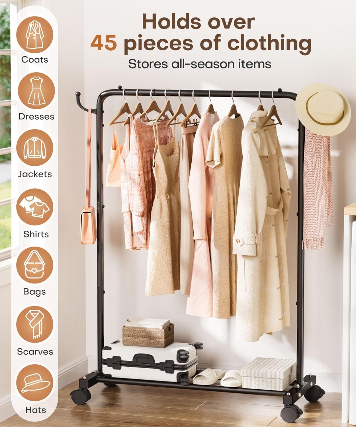 Homde Heavy Duty Clothes Rack: 120lb Standing Garment Storage for Indoor - Rolling Hanging Rod for Bedroom Laundry Room - Coat Dress Organizer on Wheels with luggage shelf (Black，32")