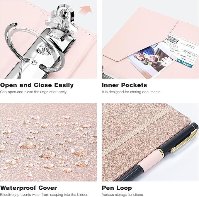 Ospelelf 3 Ring Binder 1 Inch, Vintage Leather Clipboard Binder Organizer for Letter Size (8.5" x 11"), Professional Binder Organizer Dividers with 5 Tabs, Rose Gold