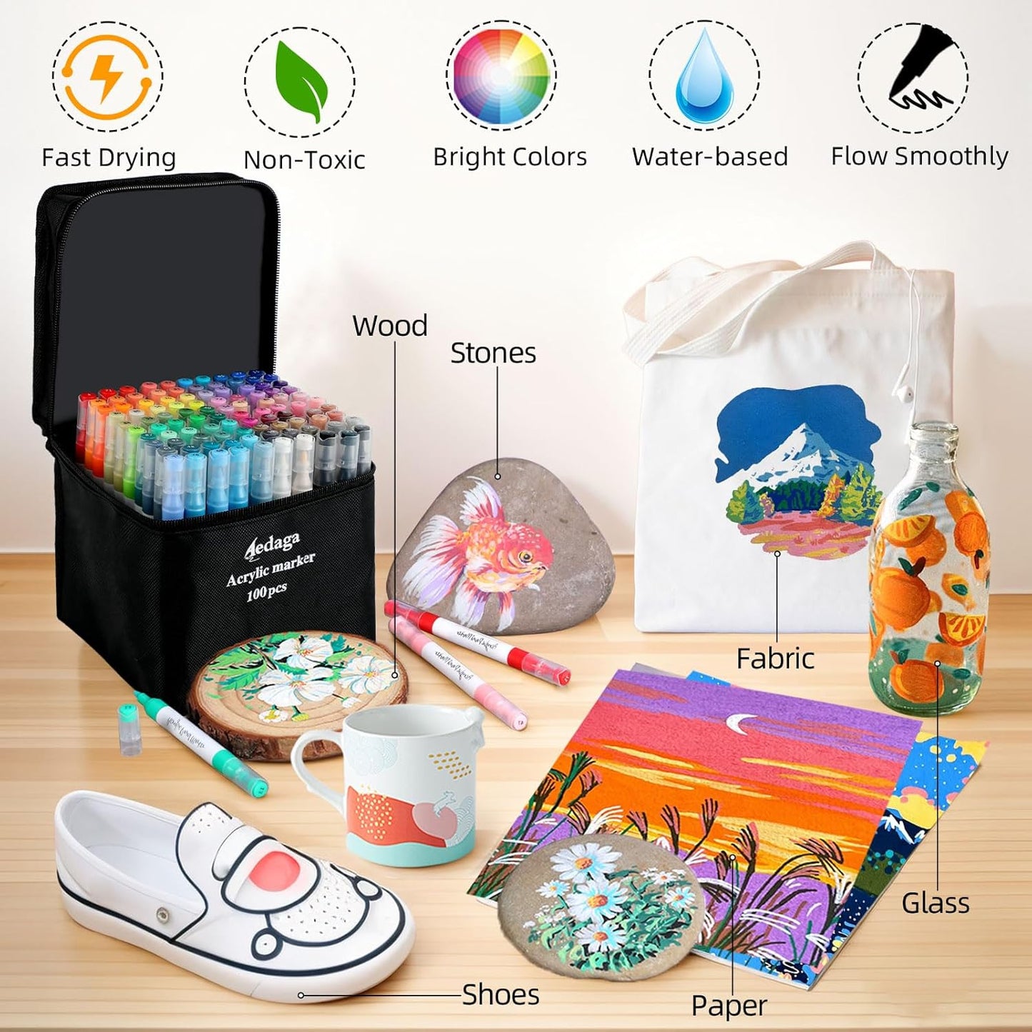 YHC 100 Colors Acrylic Paint Pens with Free App, Dual Tip Acrylic Paint Markers with Brush Tip and Fine Tip for Adults, Kids, Eggs, Wood, Rock, Canvas, Plastic, Stone, Glass, Ceramic