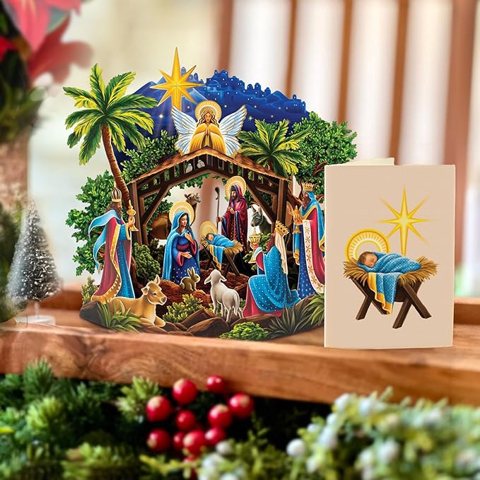 Freshcut Paper Pop Up Cards, Mini Starlit Nativity, 6 Inch Mini Sized 3D Popup Greeting Card and Paper Nativity Scene, Christmas Cards, Holiday Card, Blank Notecard & Envelope