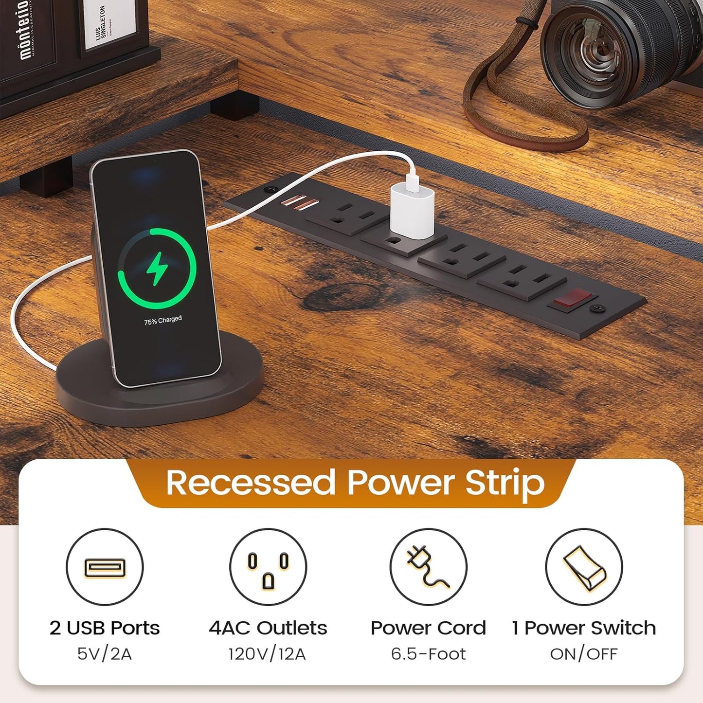 SEDETA L Shaped Desk with 6 Drawer, 108" Home Office Desk with File Drawer & Power Outlet, Corner Computer Desk with Monitor Shelf, Two Person Desk, Gaming Desk with Led Lights, Rustic Brown