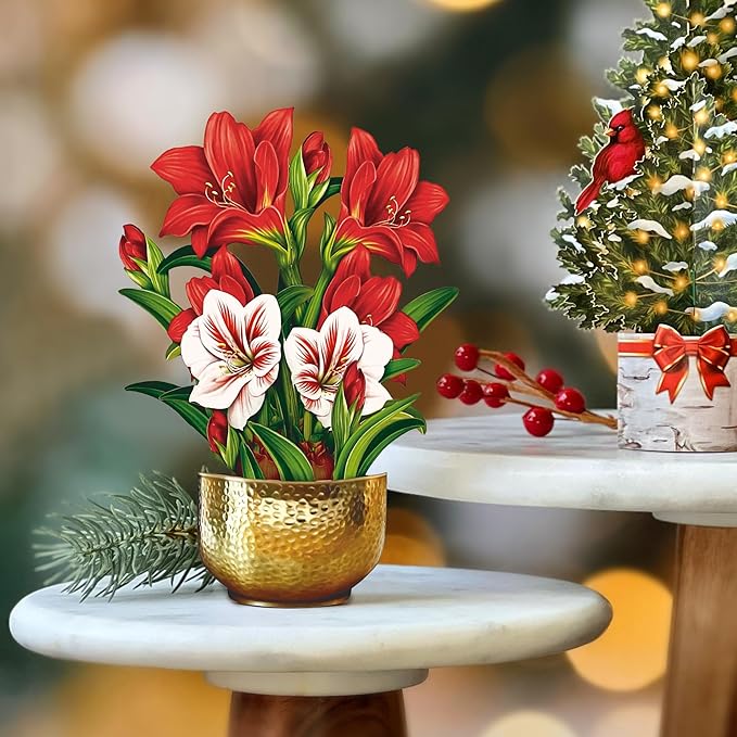 Freshcut Paper Pop Up Cards, Mini Scarlet Amaryllis, 6 Inch Mini Sized Forever Flower Bouquet 3D Popup Greeting Cards, Christmas Card, Holiday Card, Blank Notecard & Envelope