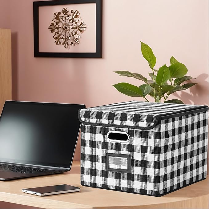 File Organizer Box with Lid for Hanging Folders, Collapsible Storage File Box with Plastic Slide, Portable Document Organizer for Office Home School Desktop Use, Black and White Lattice