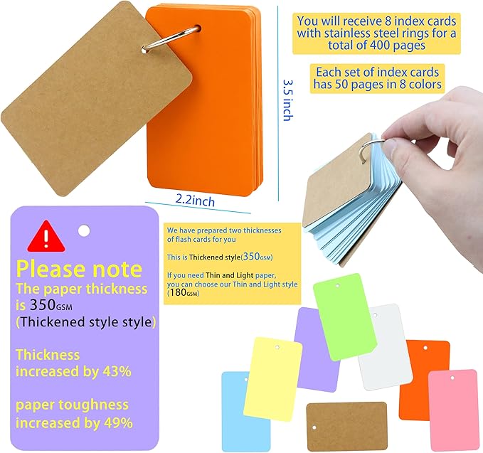 MotBach 400PCS Colored Blank Flash Card Index Cards with Binding Rings,8 Color Easy Flip Flash Card Study Note Card Perfect for Bookmark School Learning Memory Recipe Cards Game Cards(3.5 x2.2 Inch)