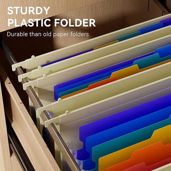 ThinkTex Plastic Expanding Hanging File Folders, 7 Innovative 1.2" Accordion Pockets, Large Capacity, Multi-Color Tabs, Letter Size for Filing Cabinet - Yellow