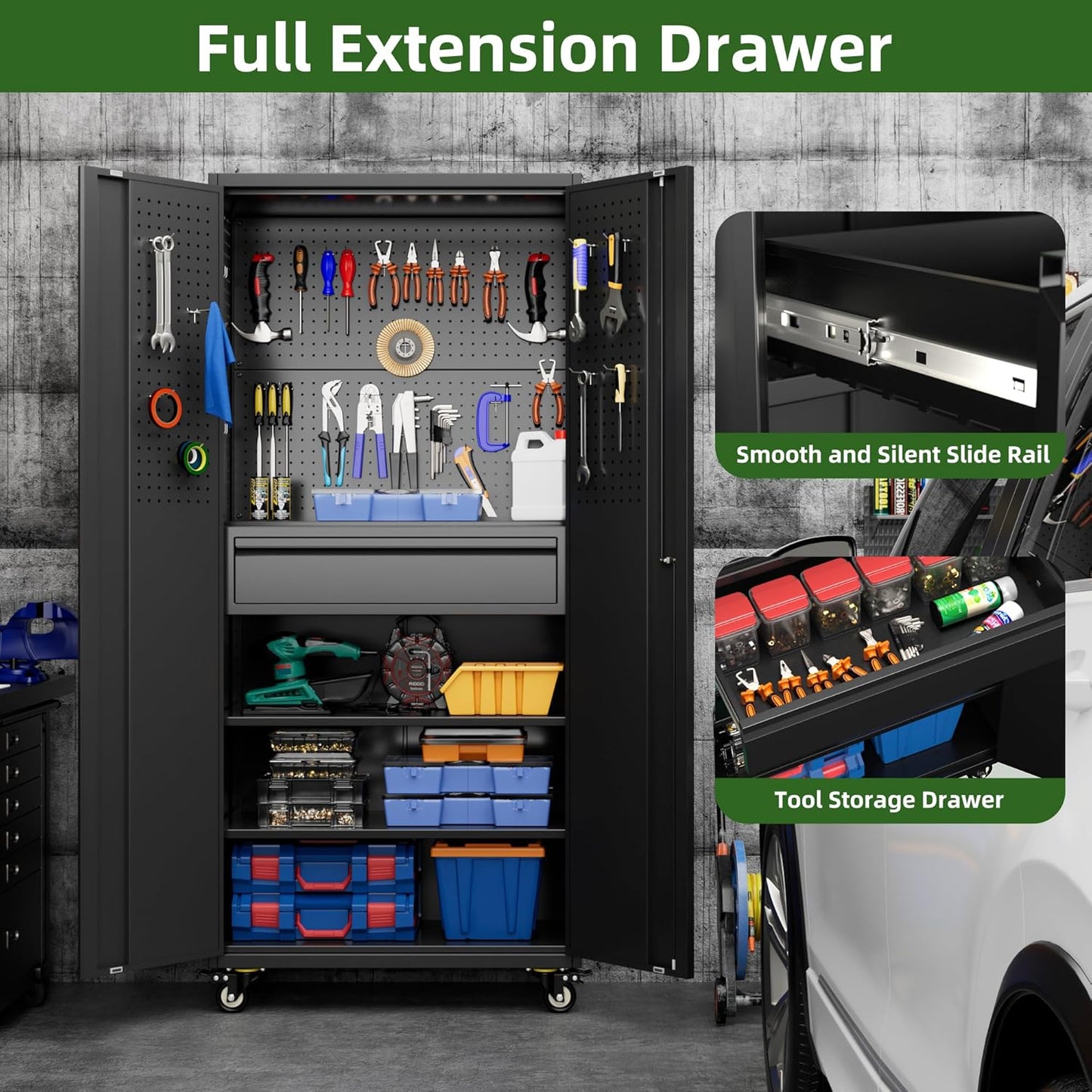 Aobabo Garage Storage Cabinet with Wheels, Metal Tool Storage Cabinet with 1 Drawer for Home,Assembly Required,Black