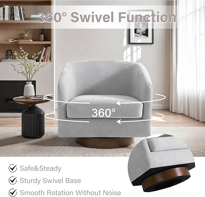 UIXE Swivel Accent Chair with Wood Base, Chenille Upholstered Barrel Chairs for Living Room, Comfy Round Armchair Single Sofa Bedroom Reading Seat - 31" W, Light Gray
