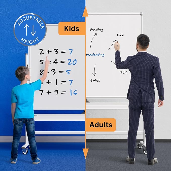 Rolling Dry Erase Board 60 x 46 - Large Portable Magnetic Whiteboard with Stand - Double Sided Easel Style Whiteboard with Wheels - Mobile Standing White Board for Office, Classroom & Home