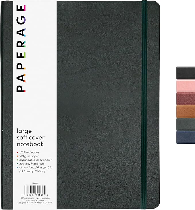 PAPERAGE Softcover Lined Journal Notebook (Dark Green), 176 Pages, Large B5 College Ruled Notebook, 7.6 inches x 10 inches - 100 GSM Thick Premium Paper, Soft Vegan Leather Journal for Home, Work & School