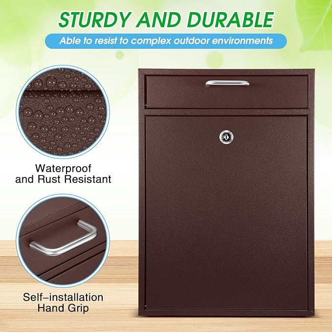 Locking Mailbox with Key for Outdoor 16.2 x 11.2 x 4.7 Inches Large Wall Mount Mail Box with Lock Security Mail Drop Metal Collection Boxes Hanging Secure Postbox(Brown)