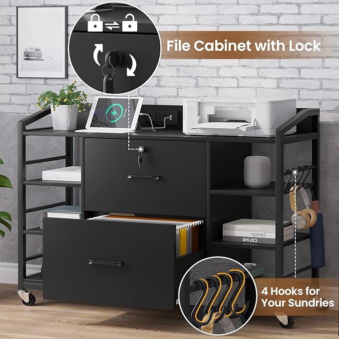 SEDETA 44" File Cabinet, Filing Cabinets fits Legal, Letter, A4 Size, 2 Drawer Office File Cabinet for Home Office with Lock, Power Strip, 6 Adjustable Shelves & 4 Hooks, Black