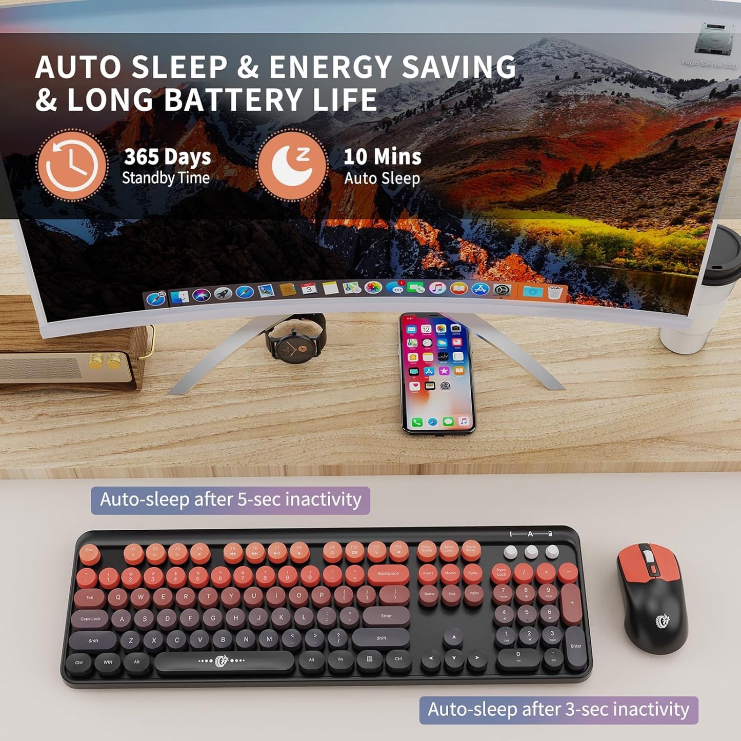 FOPETT Wireless Keyboard and Mouse Combo - 2.4G Full-Sized Cute Colorful Mouse and Keyboard with 104 Round Keys Retro Typewriter Keyboard for Laptop/Windows/PC - Orange Gradient