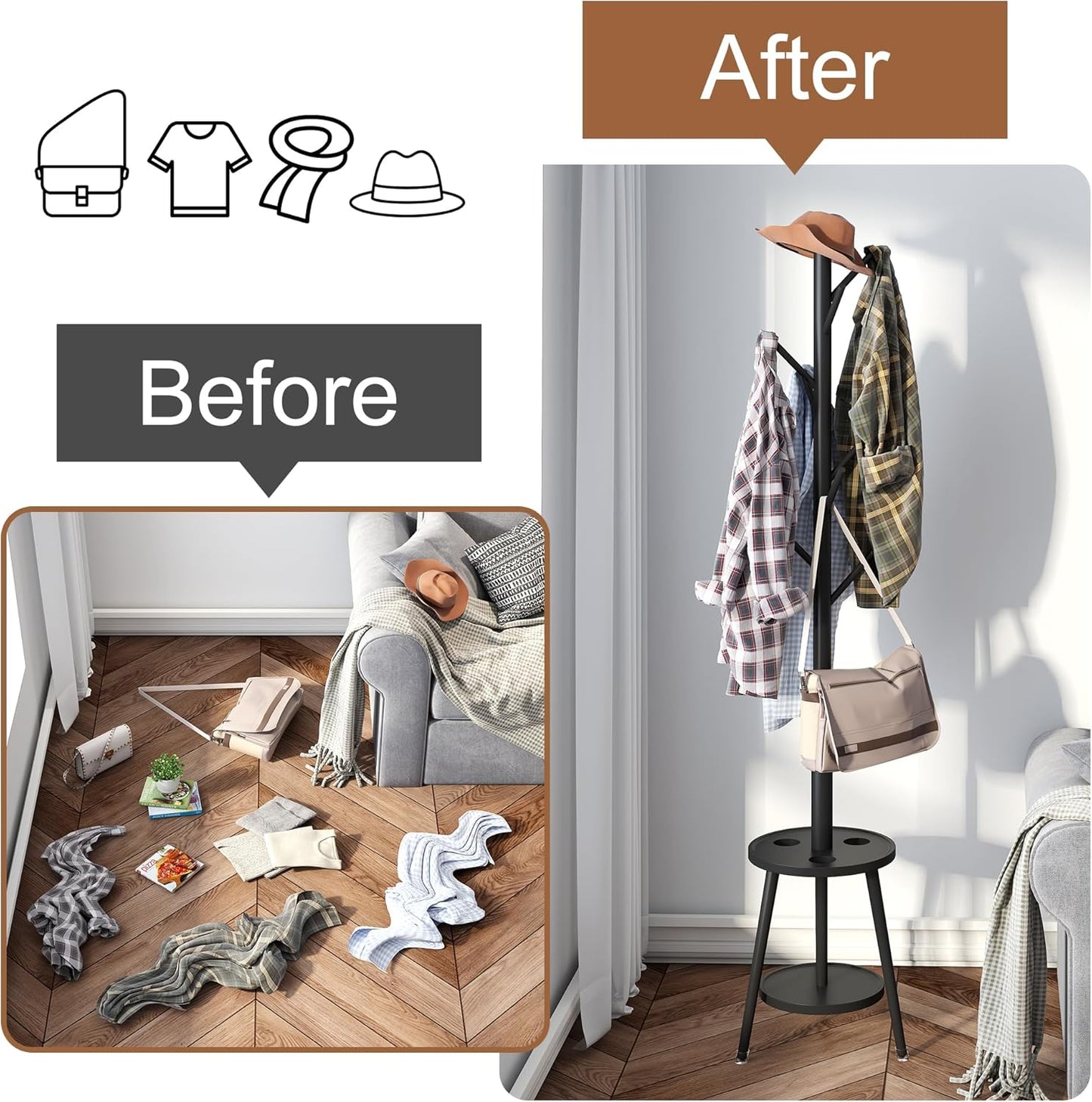 FILWH Freestanding Coat Rack with Umbrella Organizer Tray Bamboo Coat Tree Rack with 8 Hook Stand for Clothes Bag Hats Entryway Hanger Stand(Black)