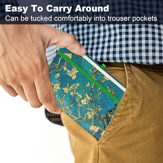 Small Notebook, Mini Pocket Journal A6 5.7" x 3.9", Leather Hardcover Journal with Pen Holder, 160 Thick Papers, Cute Lined Notebook Small Notepad for Women Writing Work Travel, Green Flower