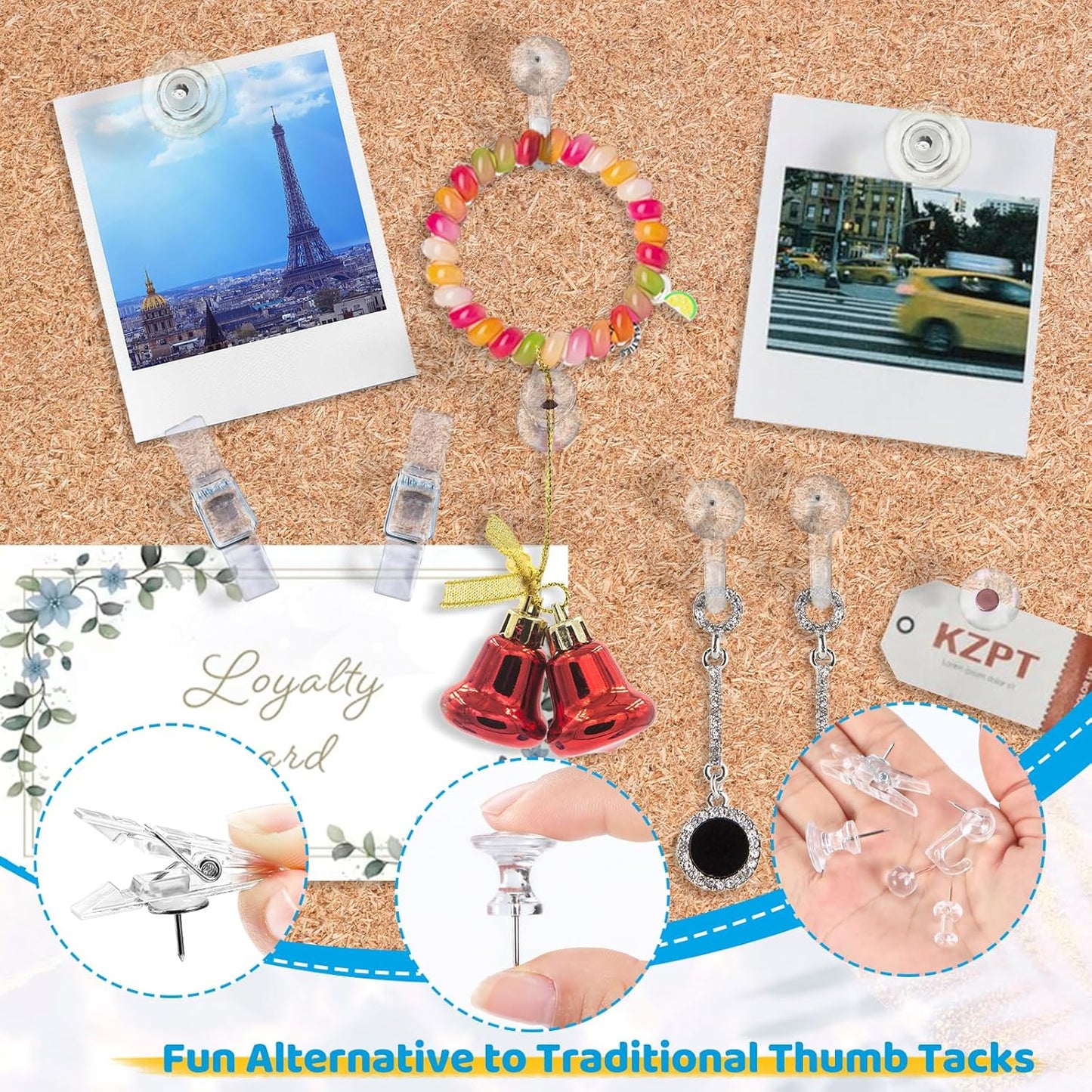 240Pcs Clear Thumb Tacks,5 Style Thumbtacks, Clear Plastic Push Pins for Cork Board, Bulletin Boards, Wall