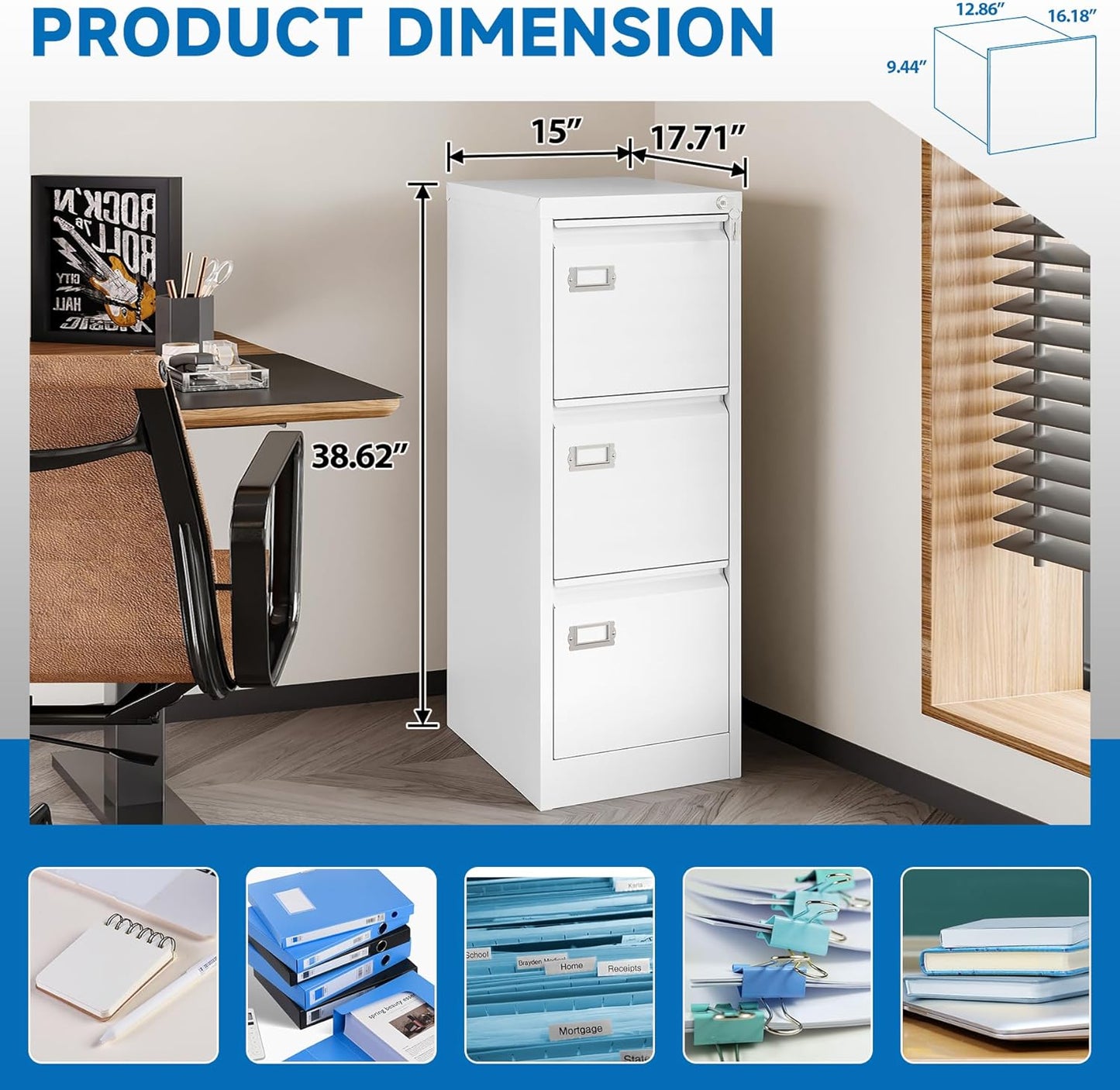 3 Drawer File Cabinet with Lock Metal Vertical File Storage Cabinet Office Home Steel Vertical File Cabinet for A4 Legal/Letter Size Narrow File Cabinet Locked,Assembly Required