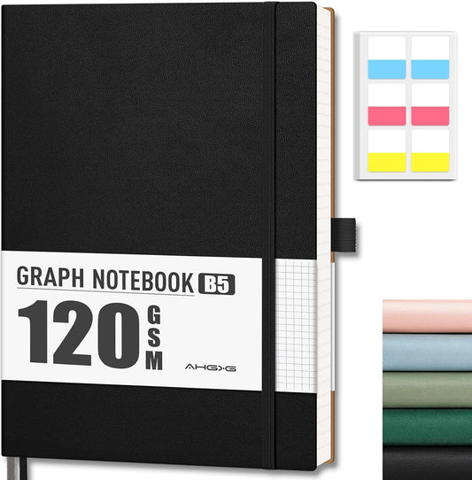 AHGXG Graph Paper Notebook - Grid Notebook Journal, 120 GSM Thick Graph Paper, Large B5 Notebook 96 Pages, Leather Softcover, for Graphing, Writing, Math, Engineering, 7.6'' X 10'' - Black