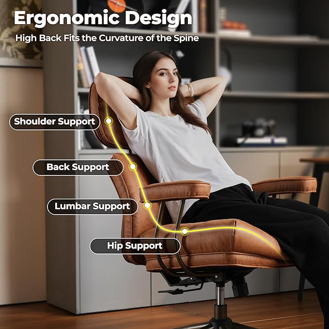 ovios Ergonomic Home Office Chair, Mid-Century Modern Faux Leather Chairs with Thickened Cushions, Comfy High Back Swivel Rolling Executive Computer Armchair (Brown, Suede Leather)