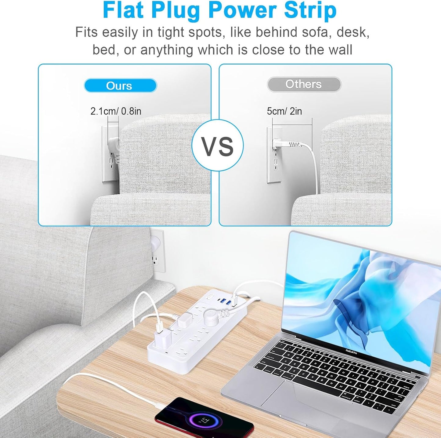 25 FT Power Strip with Surge Protection 1625W/13A, 14 Outlets and 4 USB Ports (1 USB-C), 16AWG, 1700J Flat Plug, White, ETL Listed