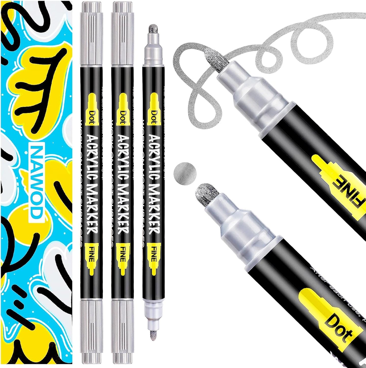 NAWOD 3 Silver Acrylic Paint Pens Markers, Dual Tip (Fine 1mm + Dot 5mm), for Rock Painting Fabric Canvas Glass Wood Ceramic Paper Eggs, Fabric Marker Ideal for Labeling DIY Crafts Art Projects