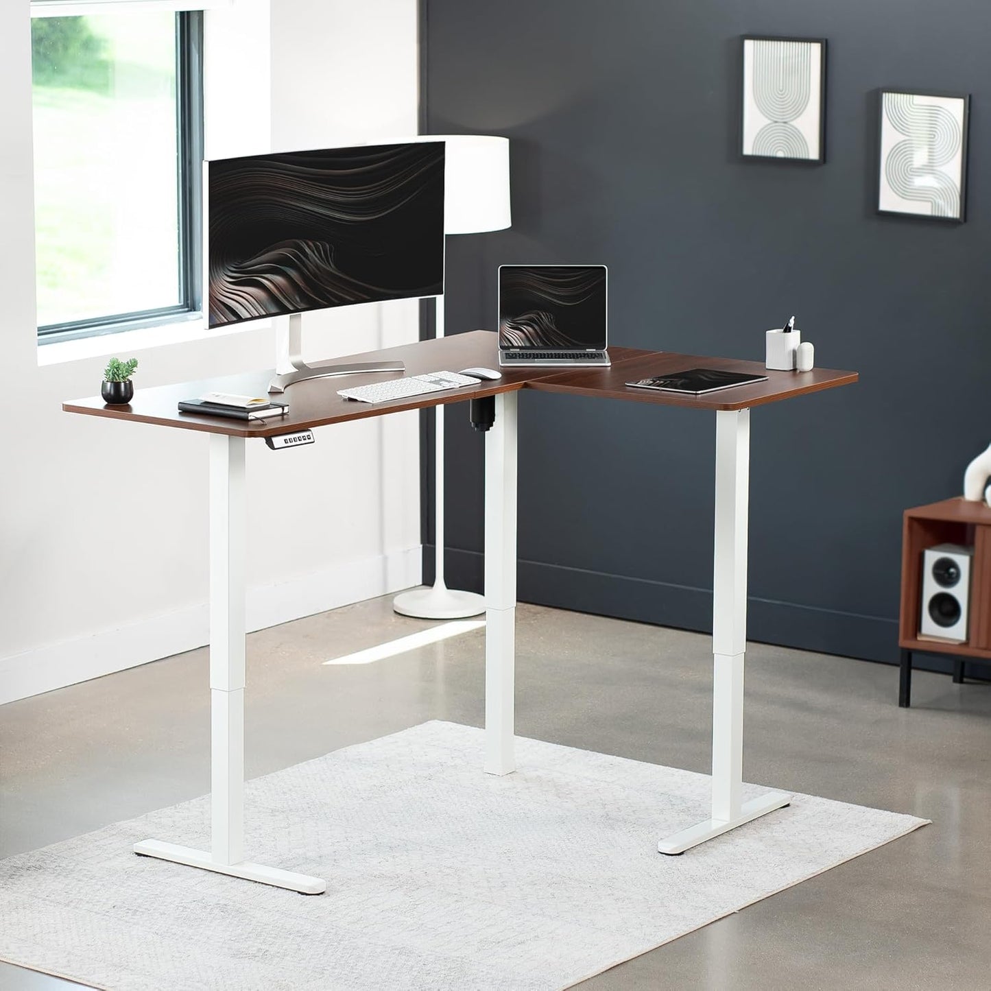 VIVO Electric Corner L-Shaped 63 x 47 in Standing Desk, Memory Height Adjustment, Dark Walnut Top White Frame, DESK-E3CTWD-47