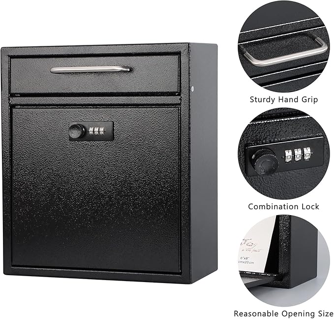 KYODOLED Steel Combination Lock Mail Boxes Outdoor,Locking Wall Mount Mailbox,Security Key Drop Box,12H x 10.51L x 4.68W Inches,Black Large