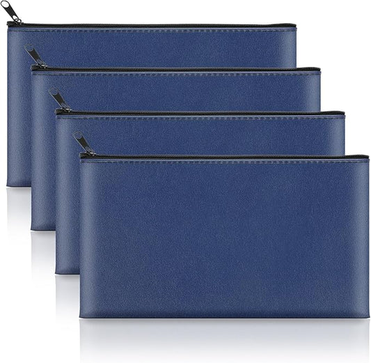 4 Pack Money Bags with Zipper, 11x6.1 Inch PU Leather Cash Pouch, Secure Bank Bag for Coins, Bills, Checks, Invoices, Cosmetics, Tools (Blue)