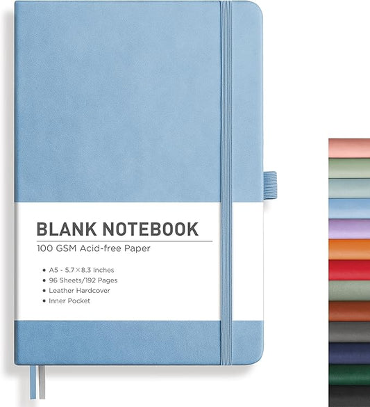 RETTACY Blank Journal Notebook, 192 Pages, A5 Medium Size (5.7'' x 8.3''), Leather Hardcover, 100 GSM Thick Paper, for Sketching, Drawing, Painting (Light Blue)