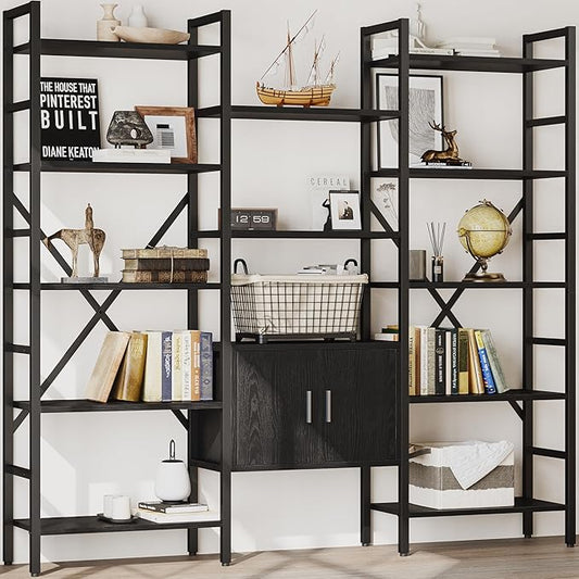 70 x70 Triple 5 Tier Book Shelf, Industrial Large Bookcase with Storage Cabinet, Tall Bookshelf with 14 Open Display Shelves Metal Frame Furniture for Living Room Bedroom Home Office Black