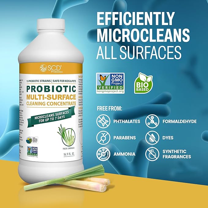 Probiotic Multi-Surface Cleaning Concentrate, Lemongrass – USDA Certified Biobased, Microcleans Surfaces for Up to 7 Days, Refill Bottle Makes 2 Gal Probiotic Spray Cleaner – 17 Fl Oz.