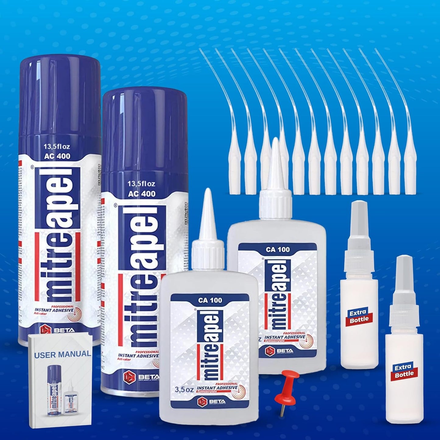 MITREAPEL Super CA Glue (2 x 3.5 oz) with Spray Adhesive Activator (2 x 13.5 fl oz), Cyanoacrylate Super Glue for Plastic, Glass, Ceramic, DIY, 3D Printing with Microtips - 2 Pack