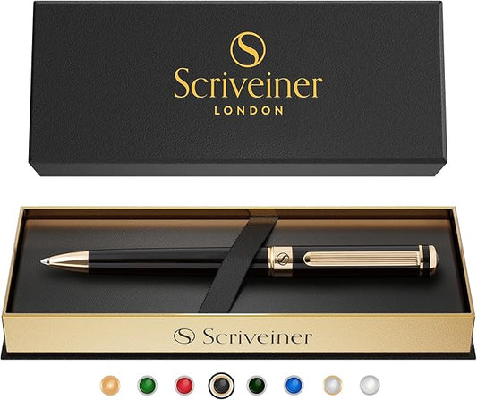 Scriveiner Black Lacquer Ballpoint Pen -Stunning Luxury Pen, Real Gold Plating, Schmidt Black Refill, Best Gift Set for Men & Women, Professional Executive Office, Nice Fancy Designer Pens