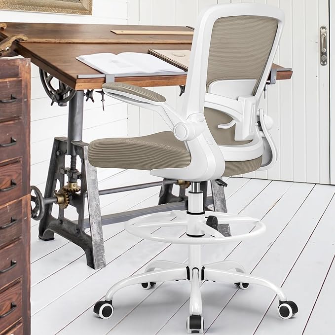 FelixKing Drafting Chair Ergonomic Tall Office Chair, Breathable Mesh Chair with Adjustable Footrest Ring Lumbar Support Flip-up Armrests, High Back Executive Comfy Task Computer Chair for Home Office