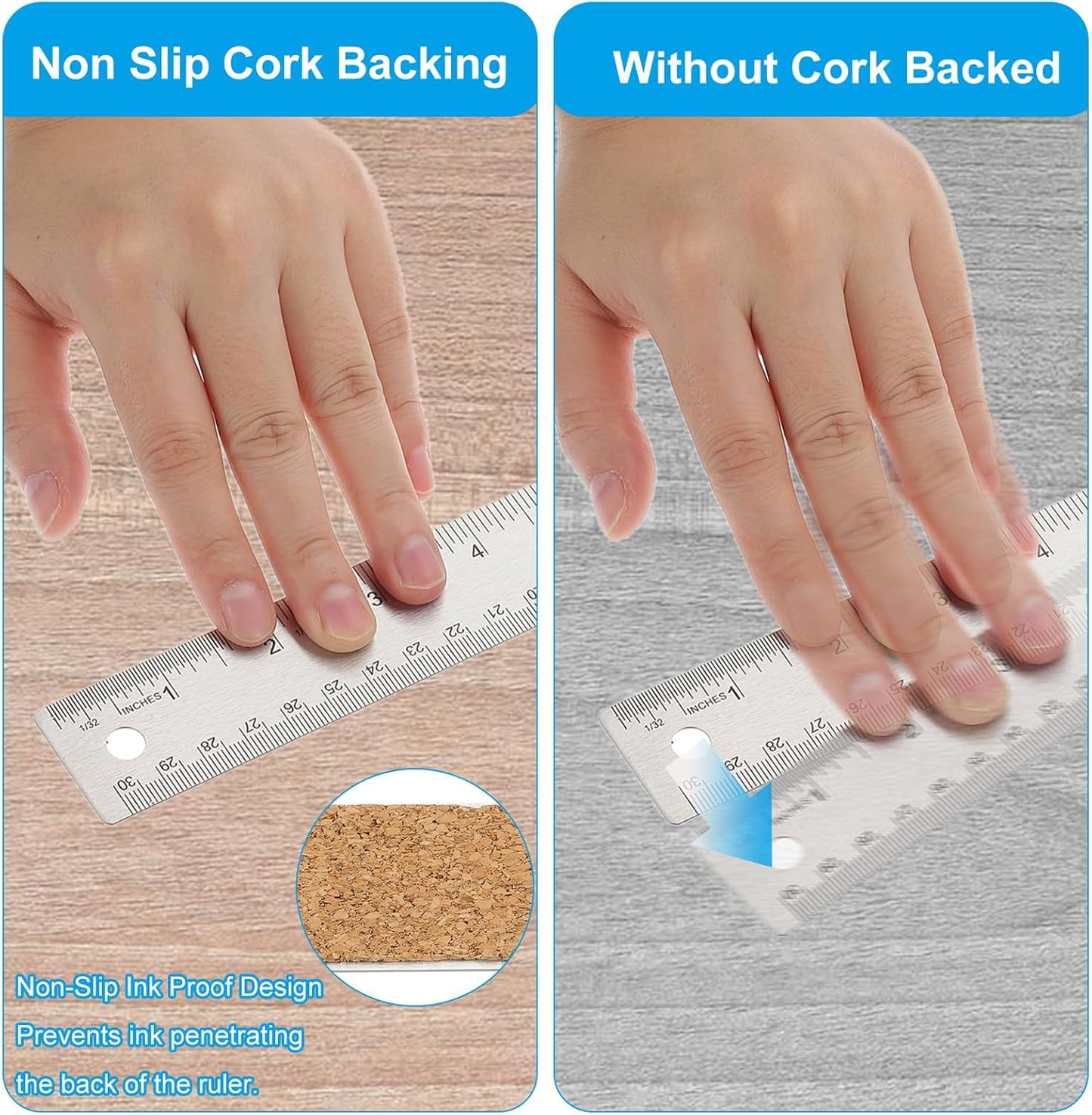 PATIKIL 6 Inch Stainless Steel Ruler Straight Edge Ruler, 2 Pcs Cork Backing Non-Slip Metal Ruler with Inches Centimeter Metric Measuring Tools for Office