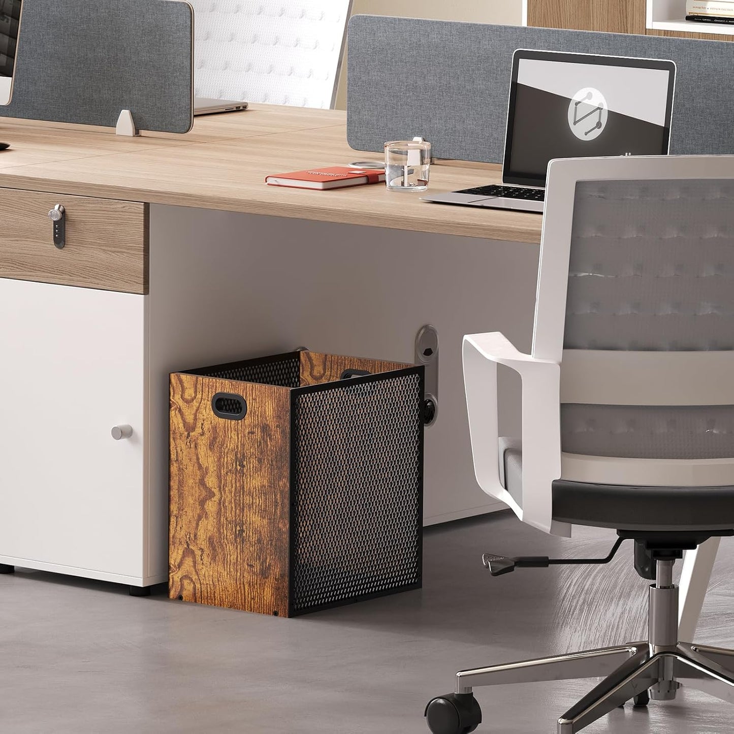 Retro Office Trash Can, Iron and Wood Combination Bedroom Garbage Can, Rectangular Design Wastebasket with Handle, Industrial Style Trash Can for Home Office, 4.5 Gallon (Patent Pending)