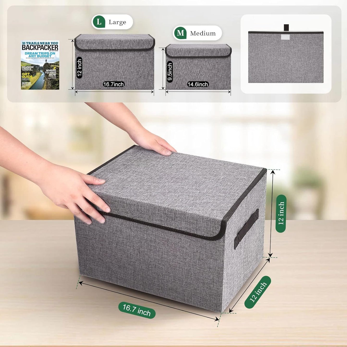 Large 42 Quarts Fabric Storage Bins with Lids [2-Pack] Linen Collapsible Foldable Storage Cubes, Closet Organizer Containers boxes with Handles for Home Office (16.7 x 12 x 12, Gray)