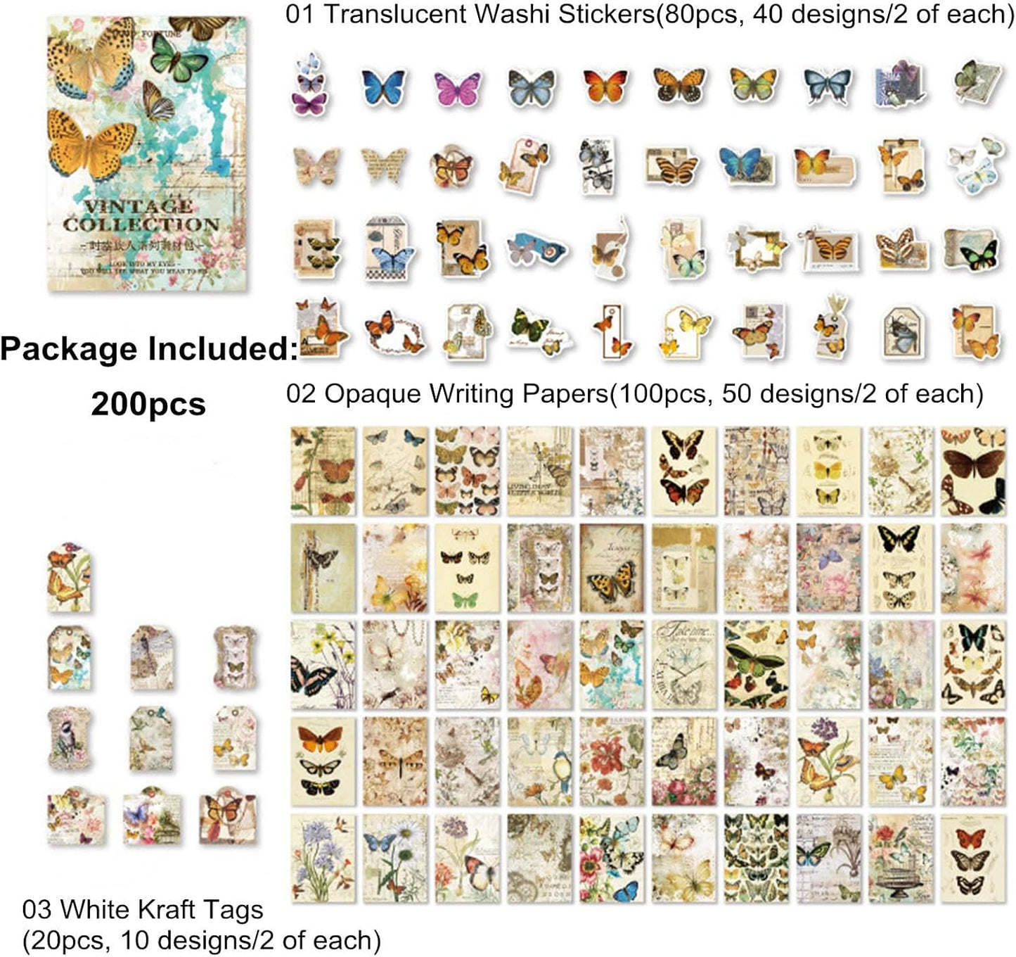 200PCS Vintage Scrapbooking Supplies Pack, Aesthetic Scrapbook Sticker Paper Art Journaling Kit for Bullet Junk Journals,Planner,Cottagecore Decor Gifts (Butterfly)