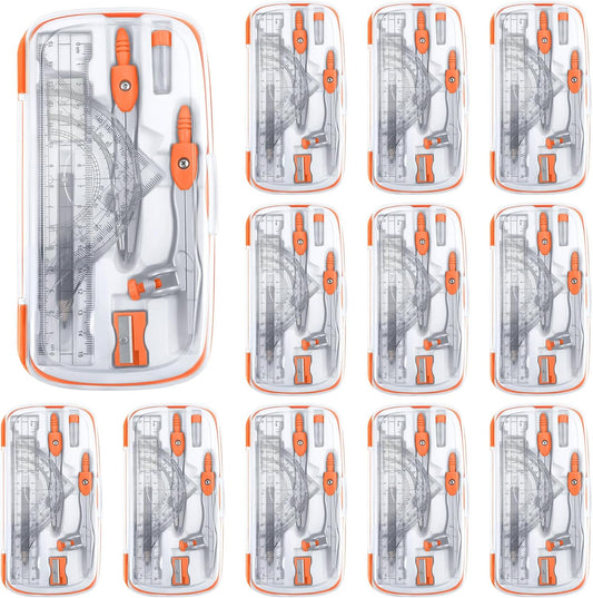 Teling 12 Sets Math Geometry Kit for Students 10 Pcs Compass Geometry Tools Set Includes Rulers Protractor Compass Eraser Pencil Sharpener Lead Refills Pencil (Orange)