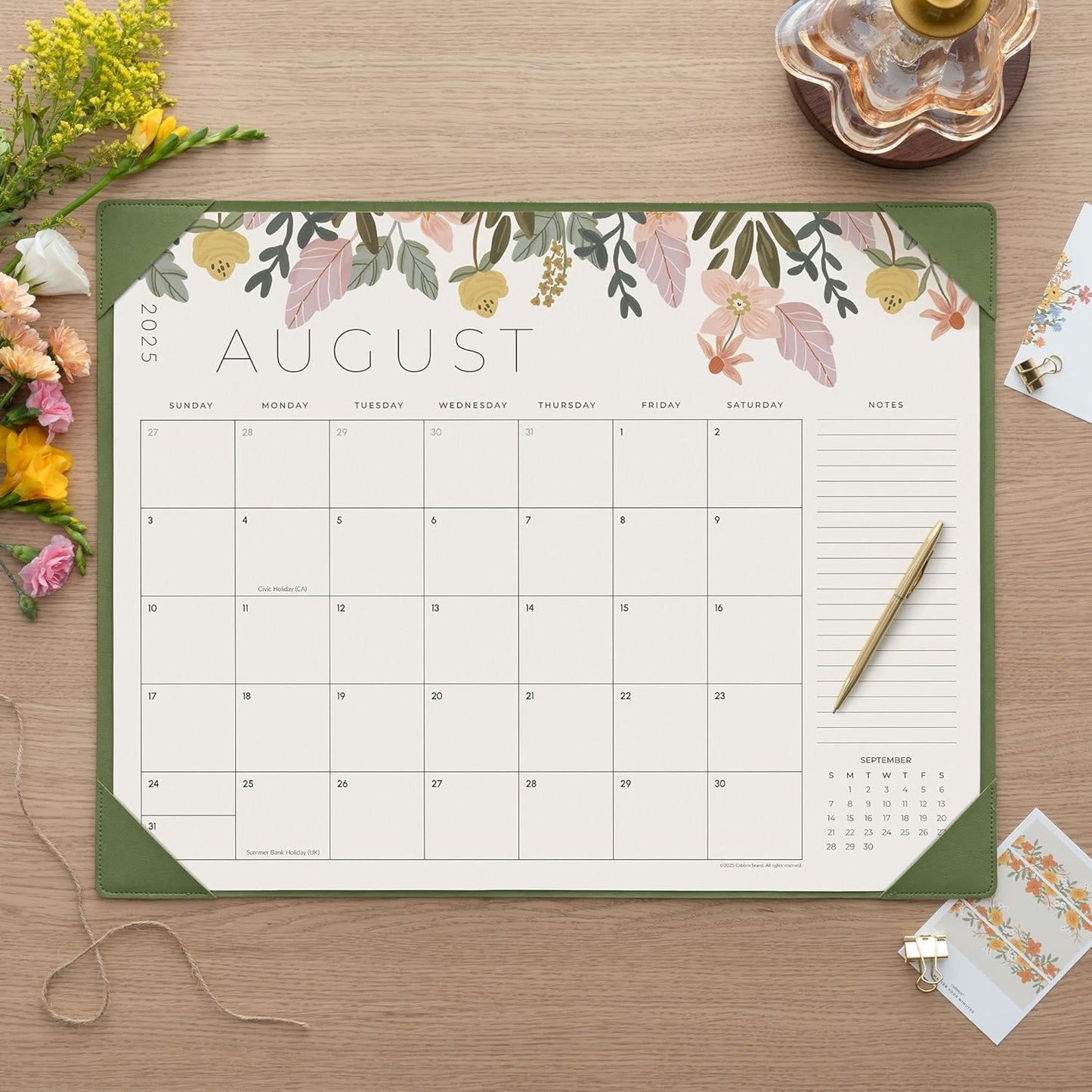 Desk Calendar 2025-2026 with Desktop Mat, Cabbrix Large Desk Pad Calendar 22 x 17 Inch Runs From July 2025 to December 2026, Floral Design Calendar 2025 for Home School and Office (Green)