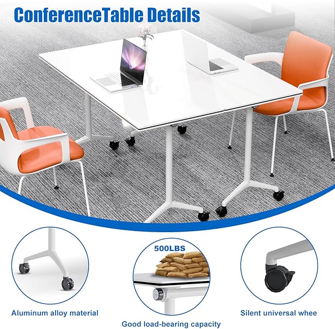 Conference Table, Folding Conference Desk Modern White, Seminar Table with Wheels, 2-10 People for Office, Meeting Break Room (6, 1915, 55IN)