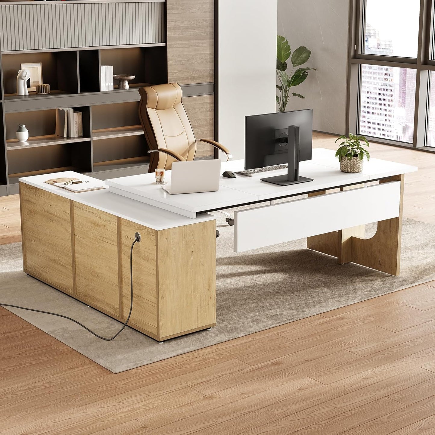 LITTLE TREE 74-Inch Executive L-Shaped Desk with Storage Cabinet & Shelves, Large Home Office Computer Desk, Modern Business Workstation for Professionals (Oak & White)