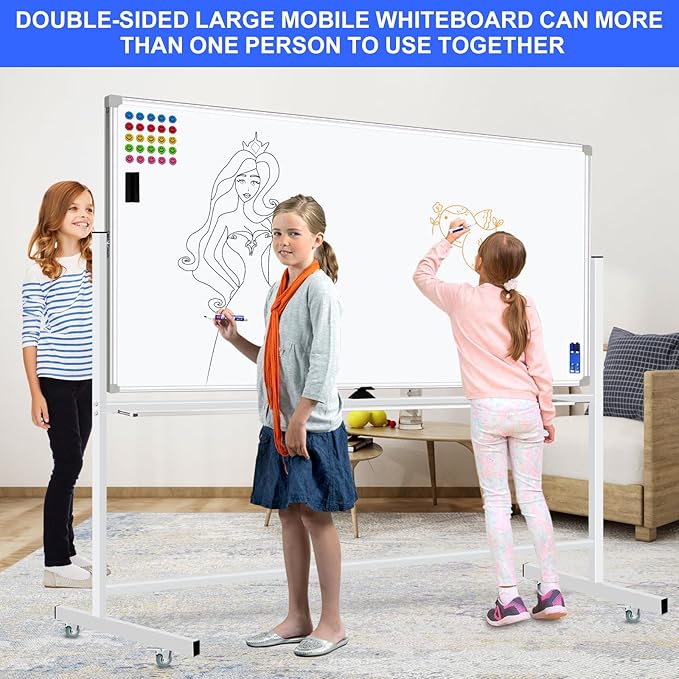 Mobile Magnet Large Whiteboard with Stand 72x40 Double-Sided Dry Erase Board with Stand - Magnetic Portable Standing Whiteboard - Rolling White Boards with Easy Flip Feature