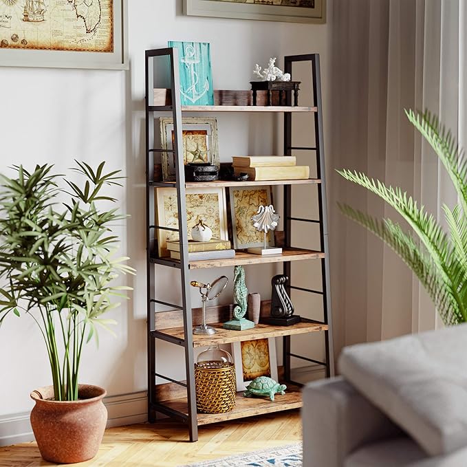 IRONCK Industrial Bookshelves and Bookcases, Ladder Shelf 5 Tiers with Metal Frame for Living Room, Home Office, Rustics Brown