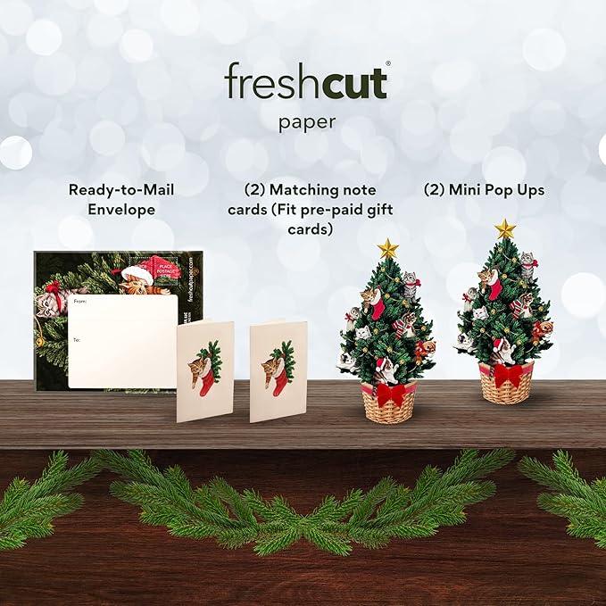 Freshcut Paper Pop Up Cards, Mini Meowy Christmas Tree (Set of 2), 6 Inch Mini Sized Forever Flower Bouquet 3D Popup Greeting Card, Christmas Cards, Holiday Card, Blank Notecard & Envelope